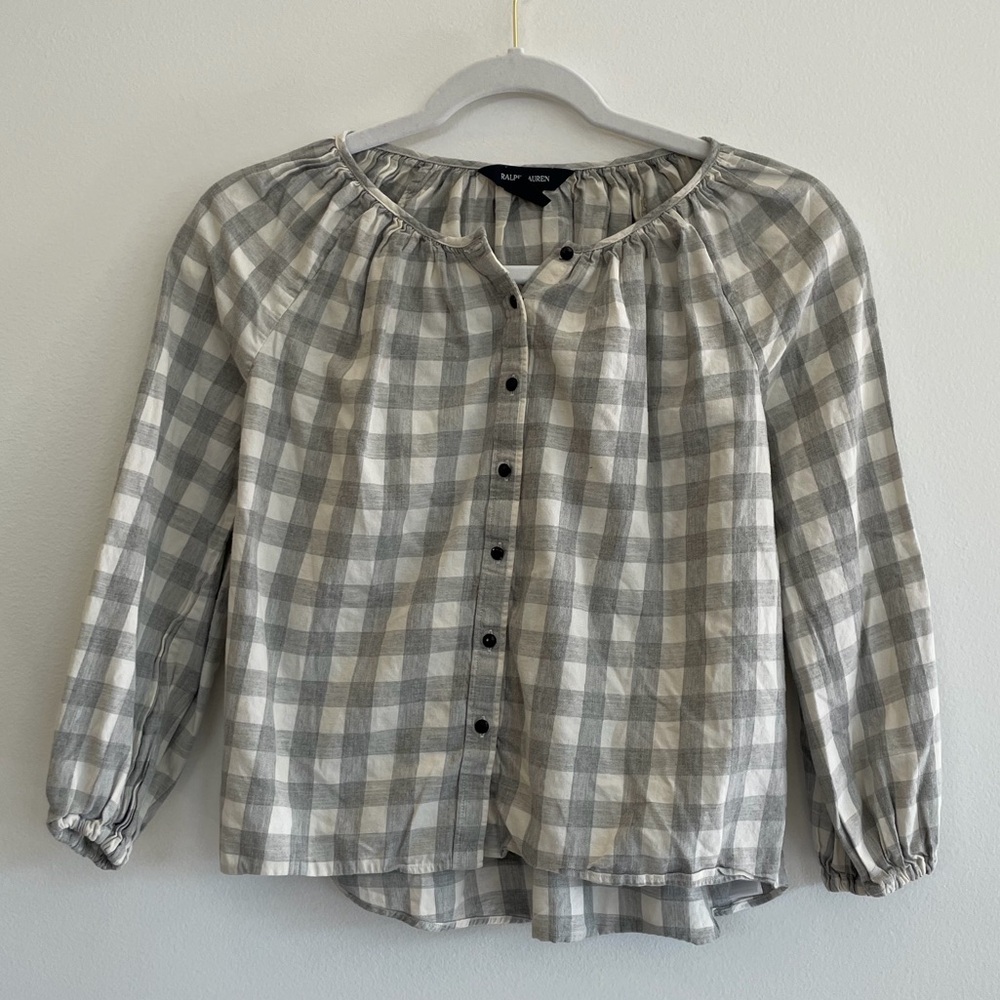 Ralph Lauren Peasant Plaid Gray and White Button-Front Blouse